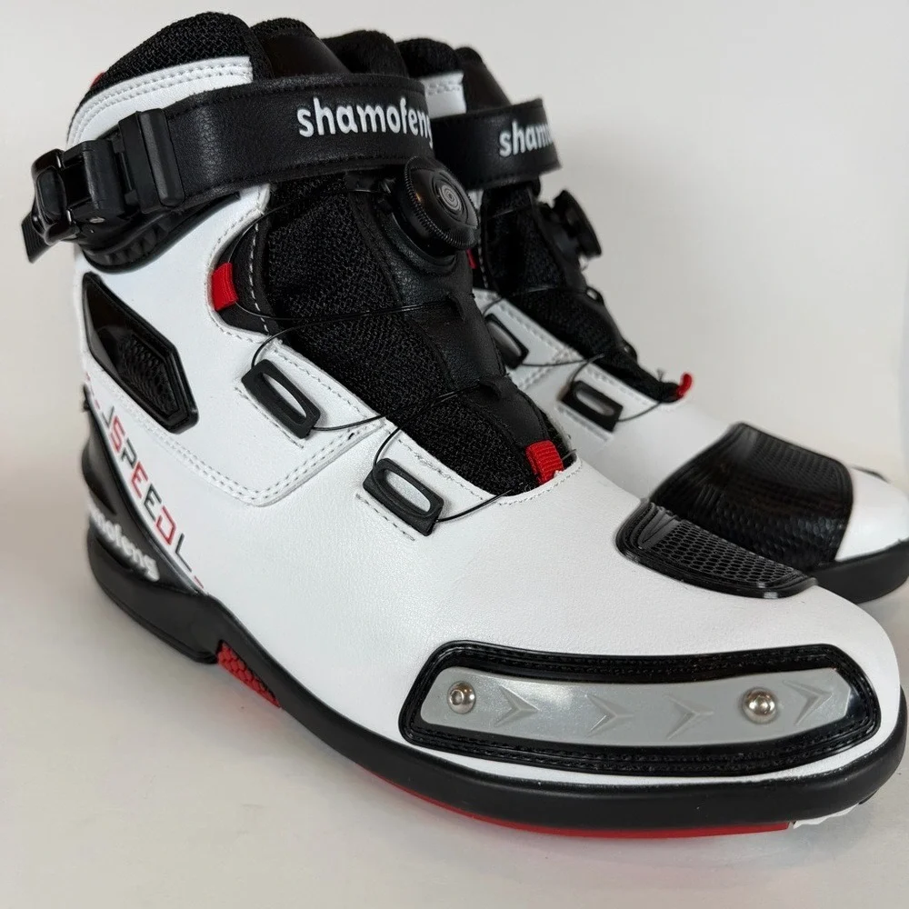 Shamofeng J-Speed Motorcycle Riding Boots White Black Red Men Size 42 US 9